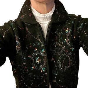 Vtg 90s Black Wool Floral Embroidered Full Zip Boxy Art Jacket Cardigan Coat M